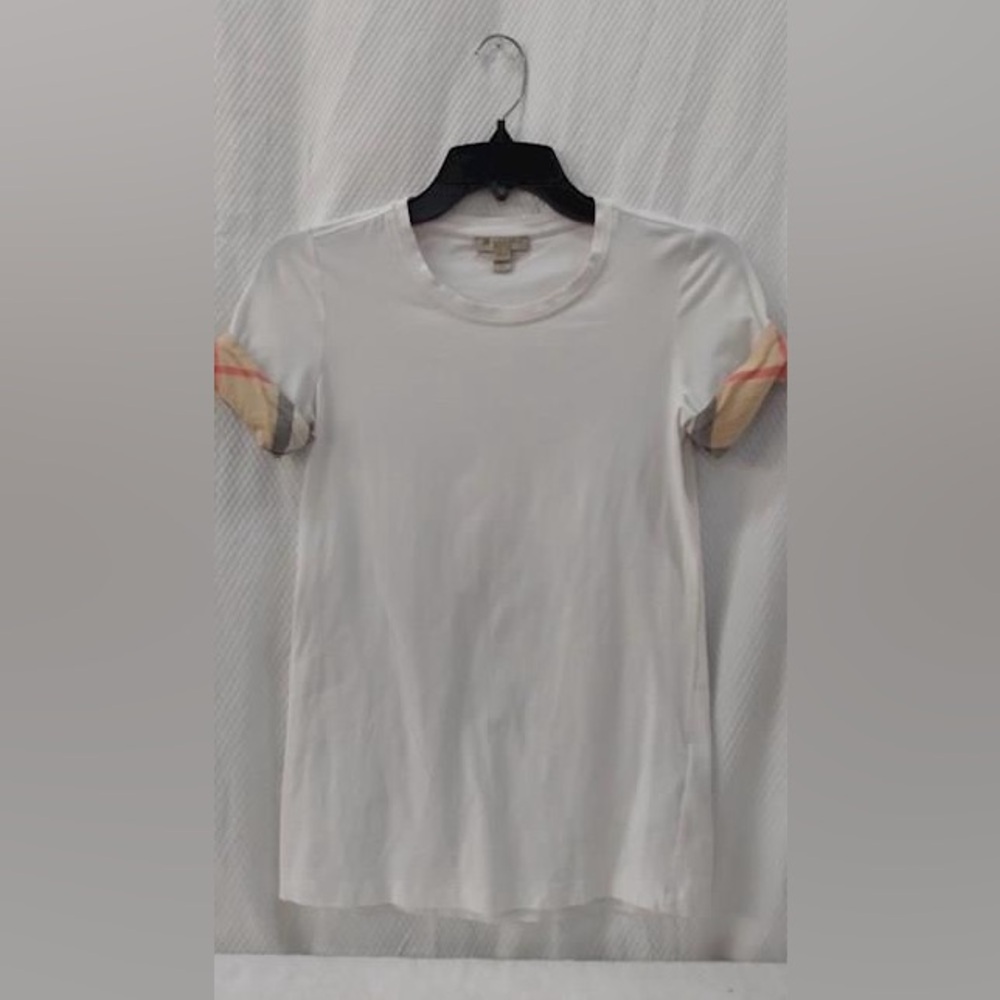 Burberry White Short Sleeve Top with plaid cuffed sleeves